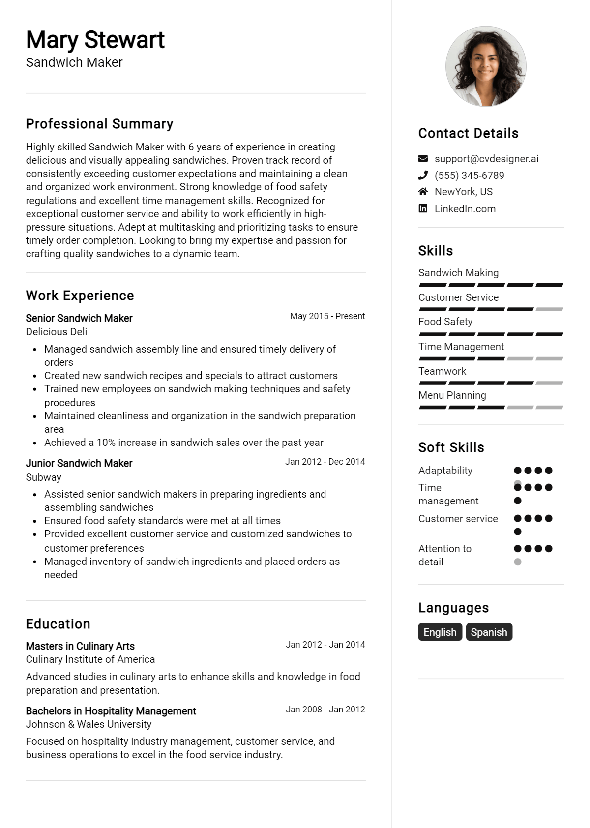 Sandwich Maker Resume Example