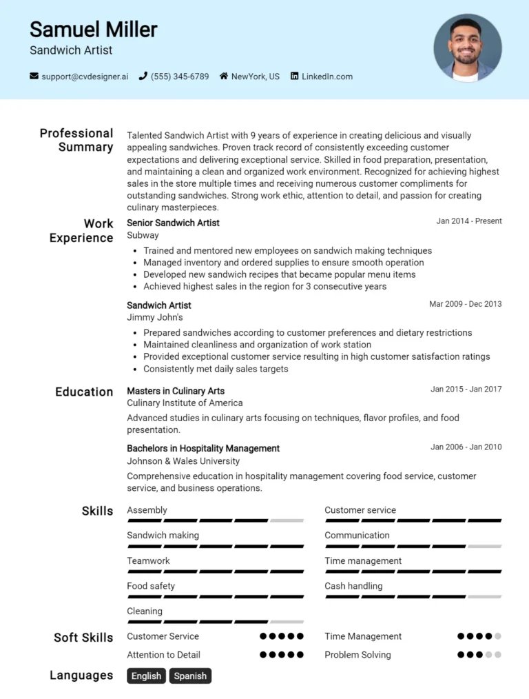 Sandwich Artist CV Example For 2025: Tips to Stand Out