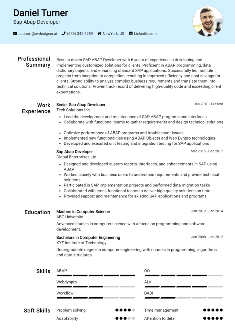 SAP ABAP Developer Resume Example for 2024: Free Examples - CVDesigner.ai