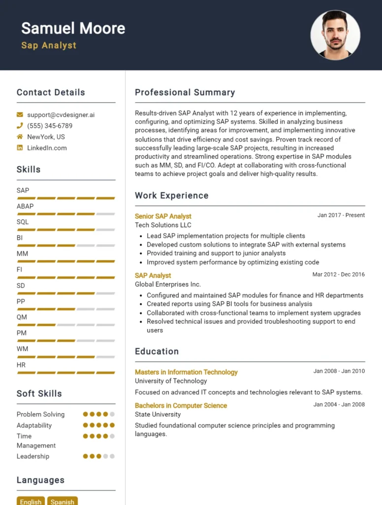 Sap Analyst CV Example