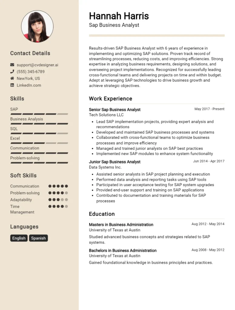 Sap Business Analyst CV Example