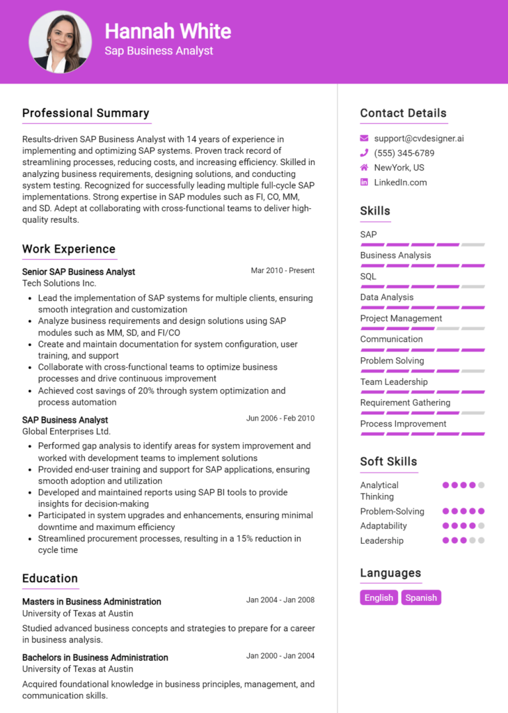 Sap Business Analyst Resume Example