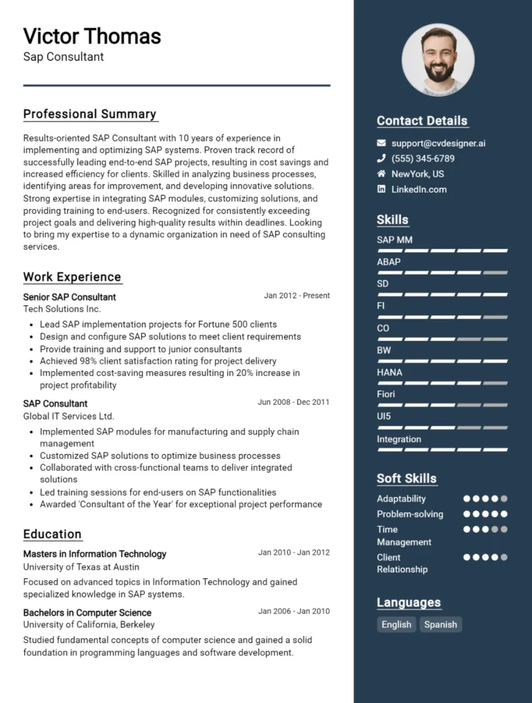 SAP Consultant CV Example For 2025: Examples & Free Templates