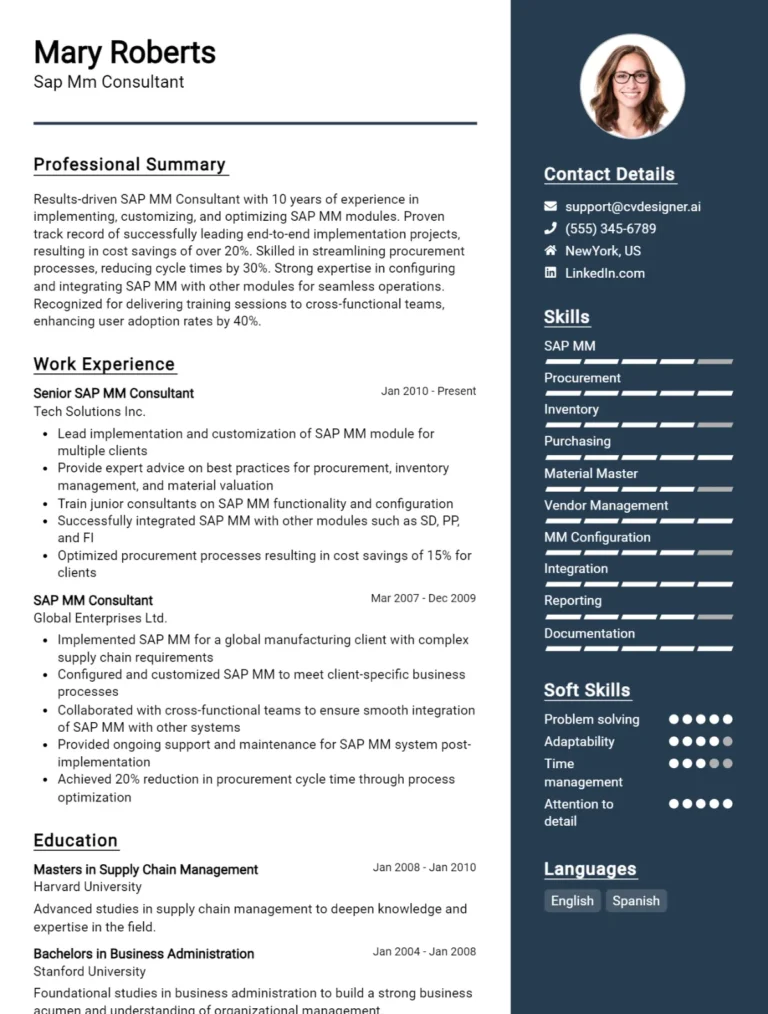 SAP Mm Consultant CV Example For 2025: Expert Tips & Templates