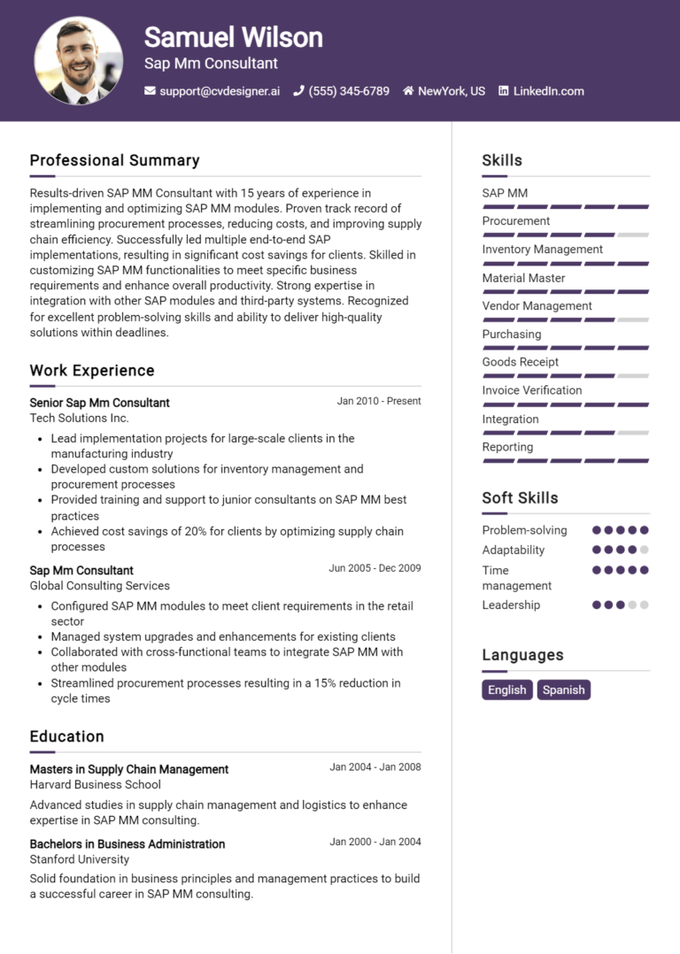 SAP Mm Consultant Resume Example for 2024: Top Templates - CVDesigner.ai