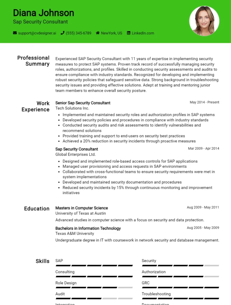 Sap Security Consultant CV Example