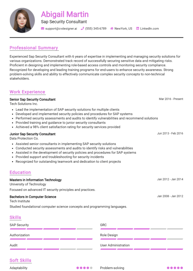 SAP Security Consultant Resume Example for 2025: Free Templates