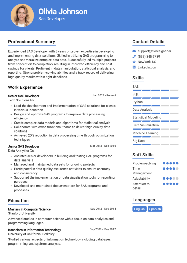 SAS Developer Resume Example for 2024: Resume Guide - CVDesigner.ai