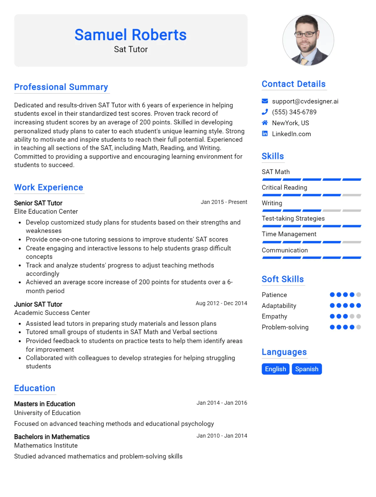 Sat Tutor CV Example