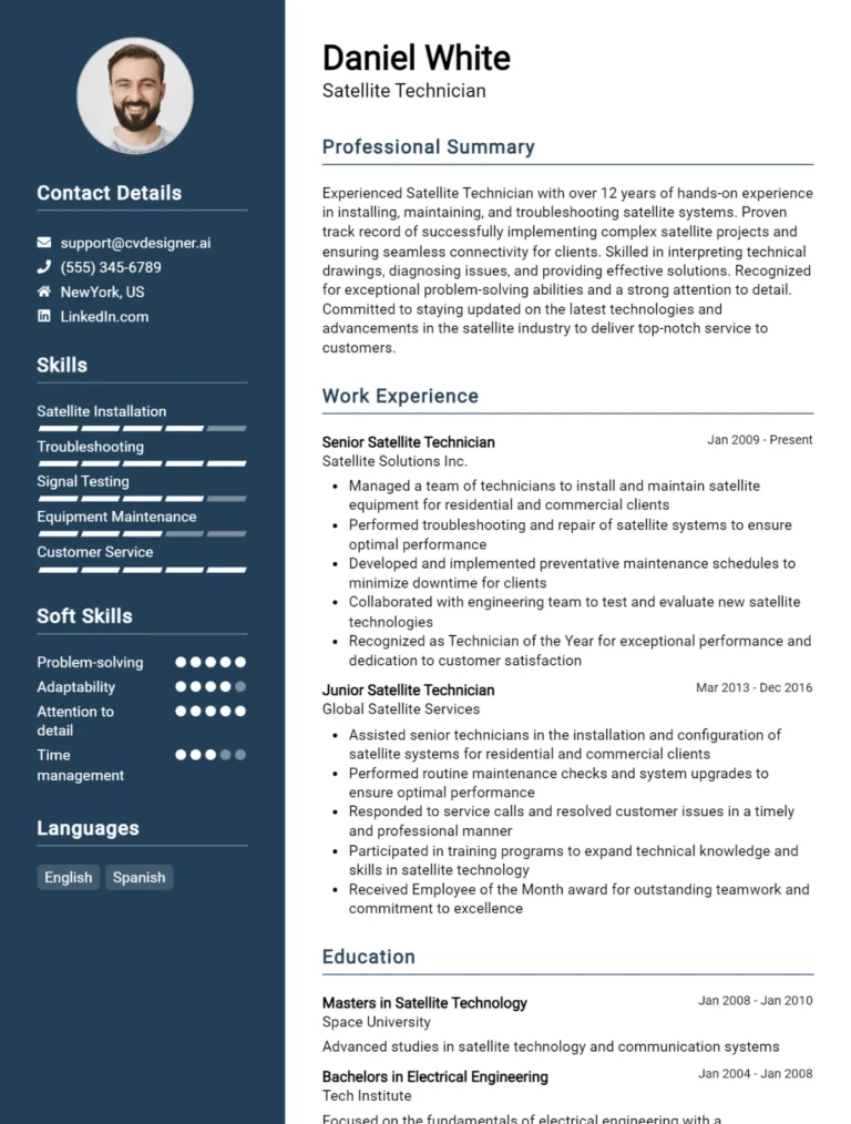 Satellite Technician CV Example For 2025: Professional CV Templates