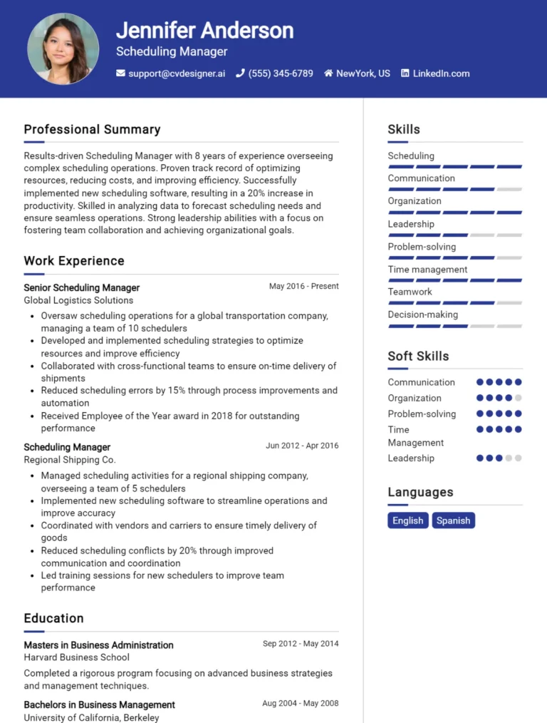 Scheduling Manager CV Example For 2025: Proven Tips & Templates