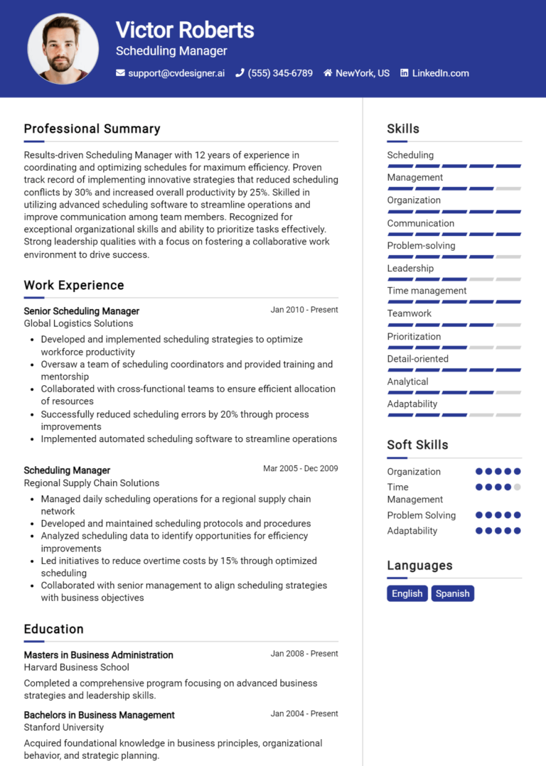 Scheduling Manager Resume Example for 2025: Best Tips