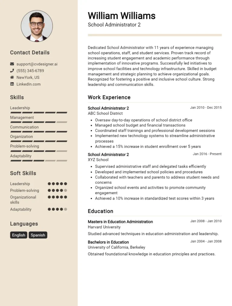 School Administrator CV Example For 2025: Expert Tips & Templates
