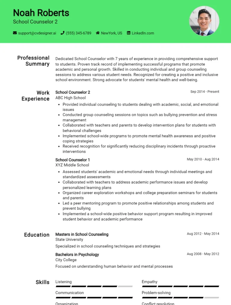 School Counselor CV Example For 2025: Best Formatting Tips