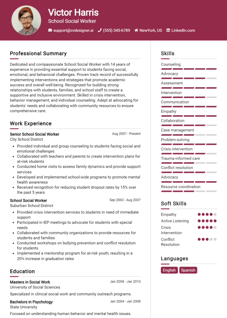 School Social Worker Resume Example for 2025: Top CV Skills