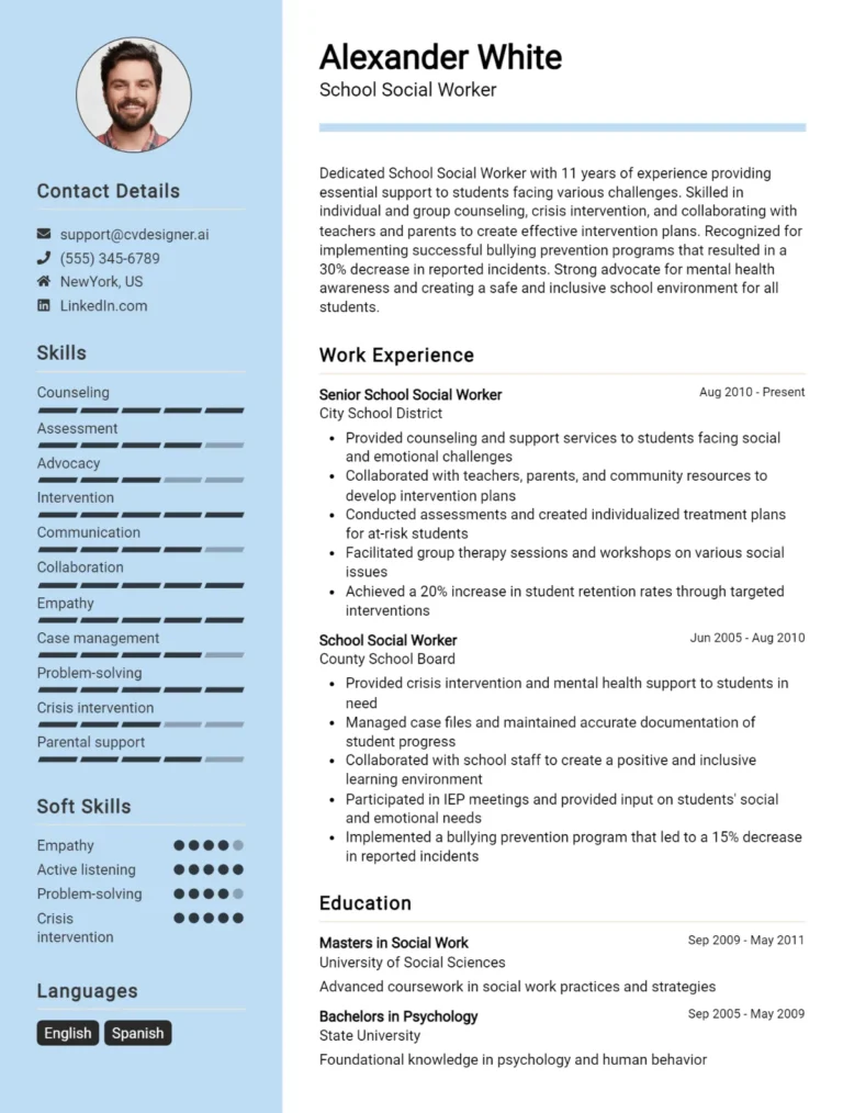School Social Worker CV Example For 2025: Effective CV Writing Tips
