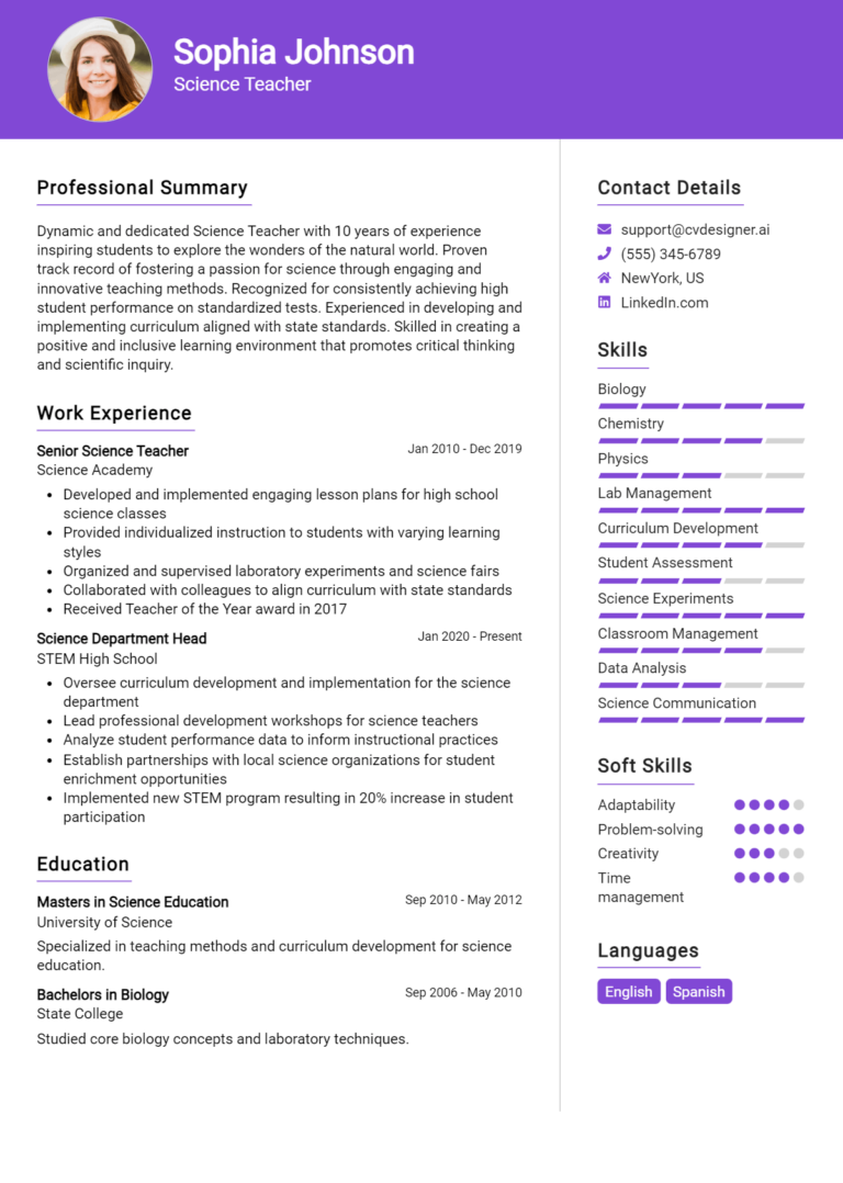 Science Teacher Resume Example for 2025: How to Craft a Winning CV