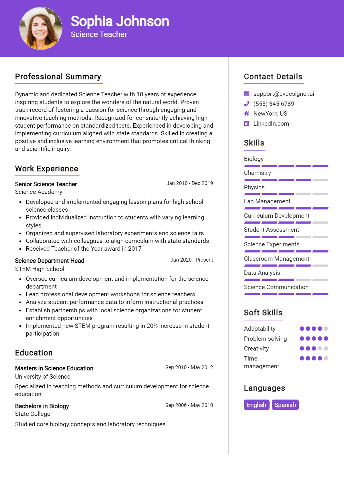 Science Teacher Resume Example