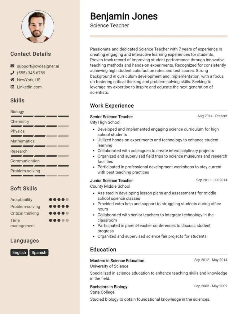 4 Science Teacher CV Examples & Free Templates For 2025