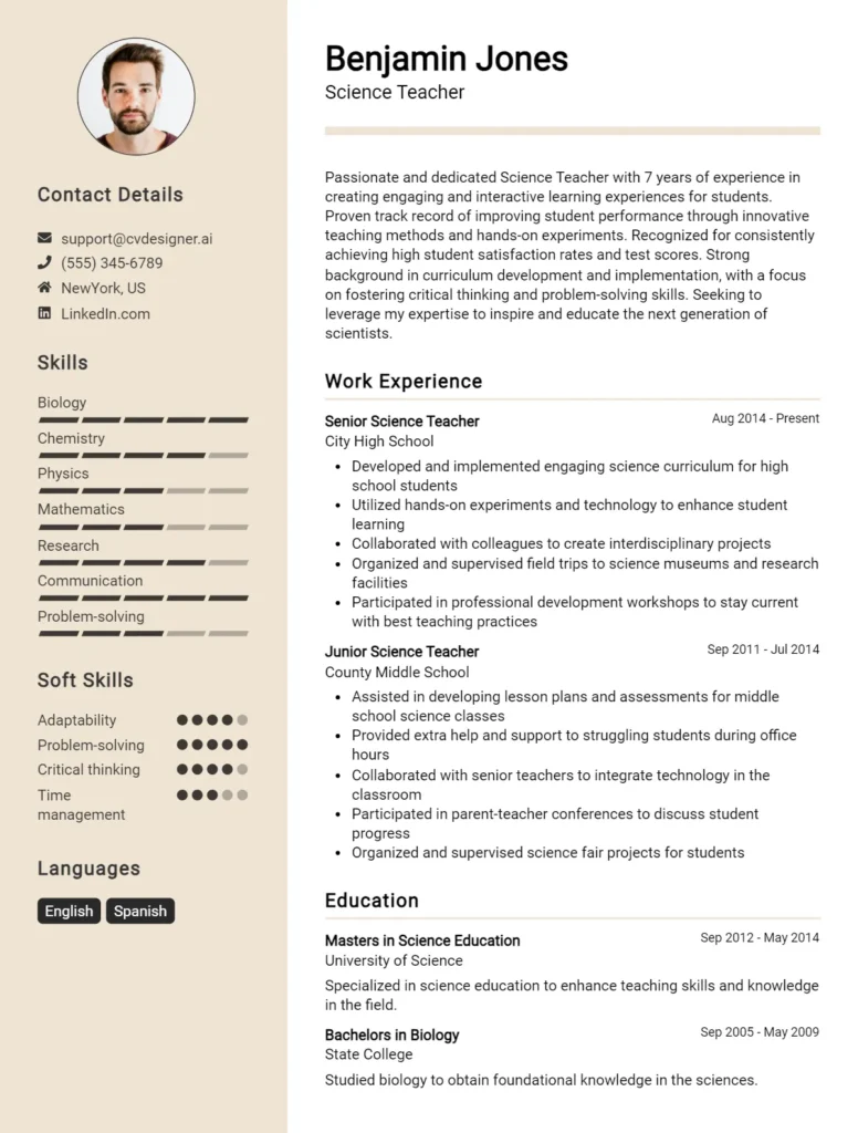 Science Teacher CV Example