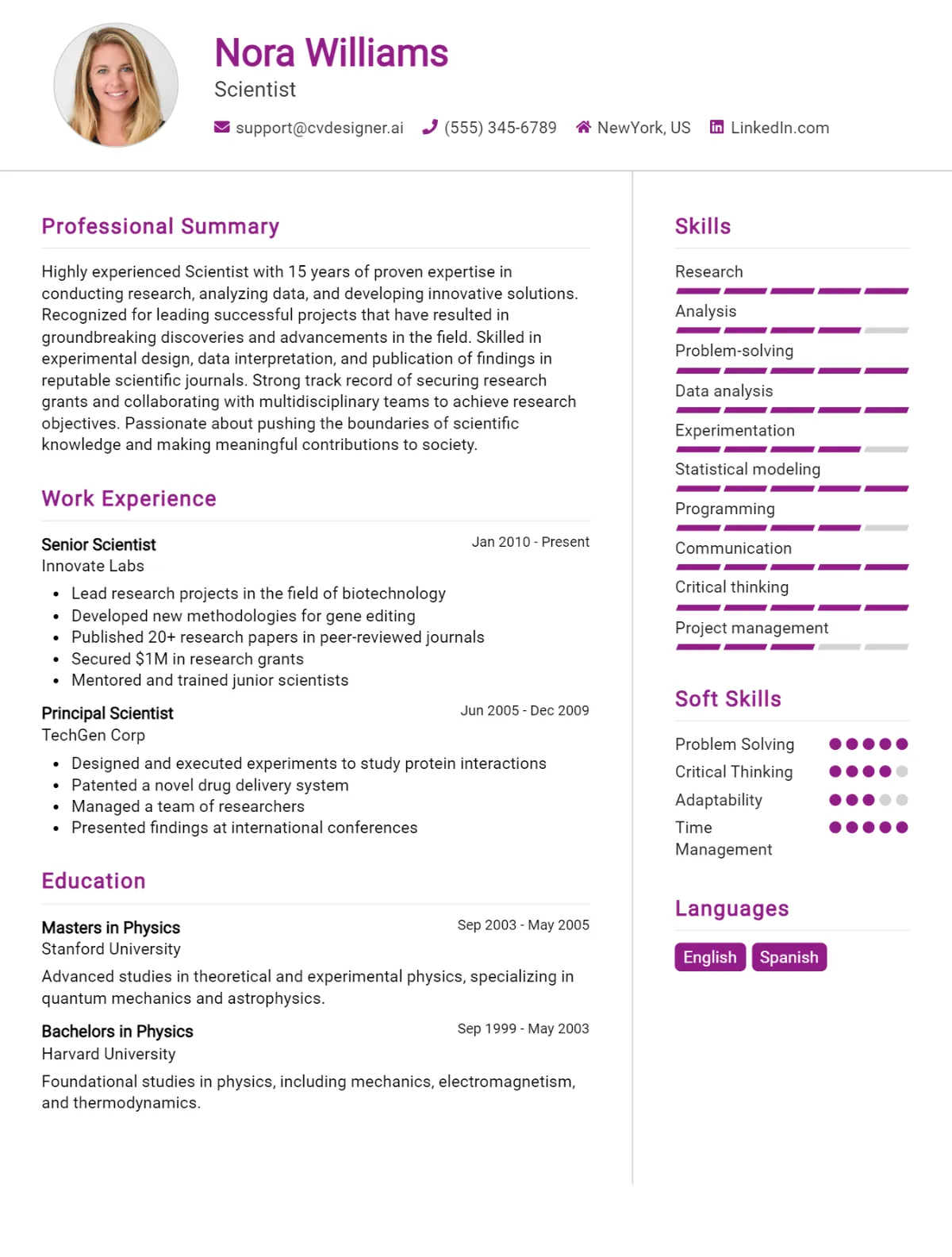 Scientist CV Example For 2024: Proven Tips & Templates - CVDesigner.ai