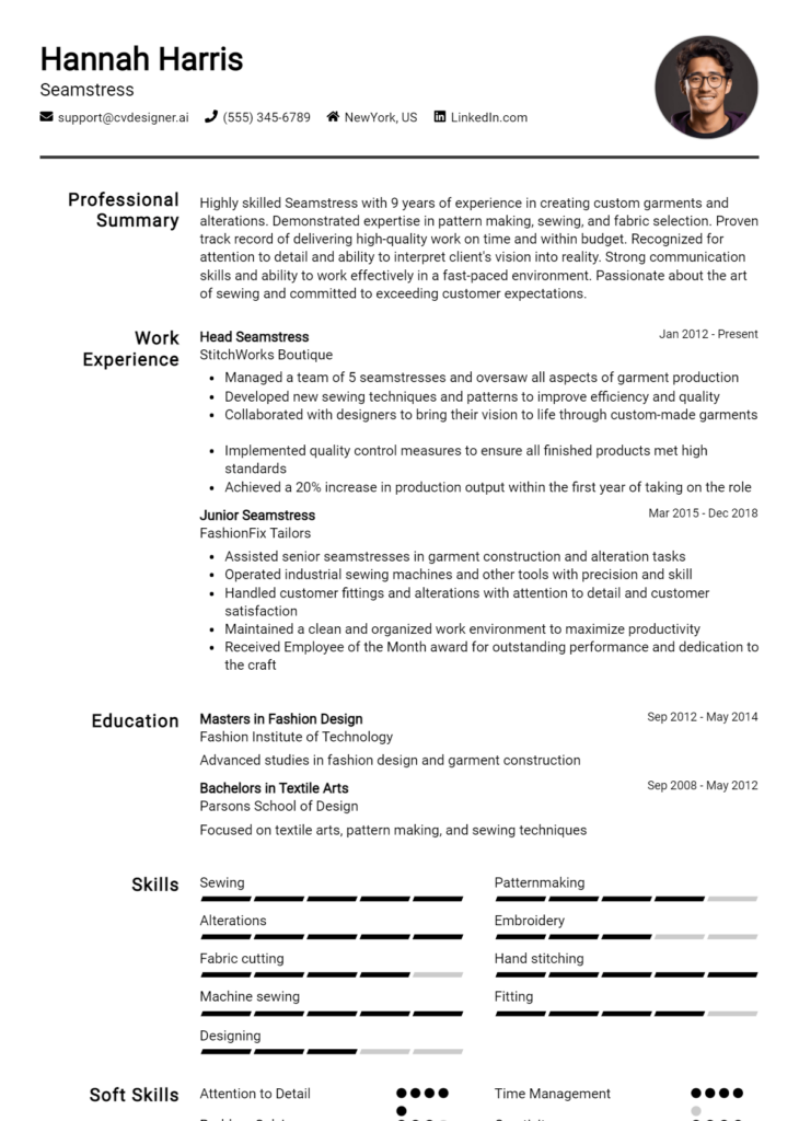 Seamstress Resume Example for 2024: Tips & Templates - CVDesigner.ai