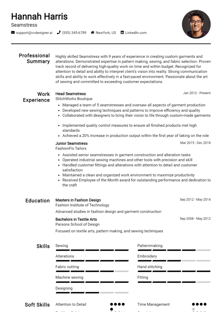 Seamstress Resume Example for 2025: Tips & Templates