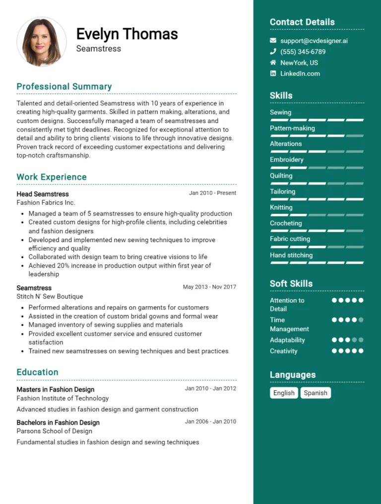 Seamstress CV Example For 2025: Free Downloadable Templates