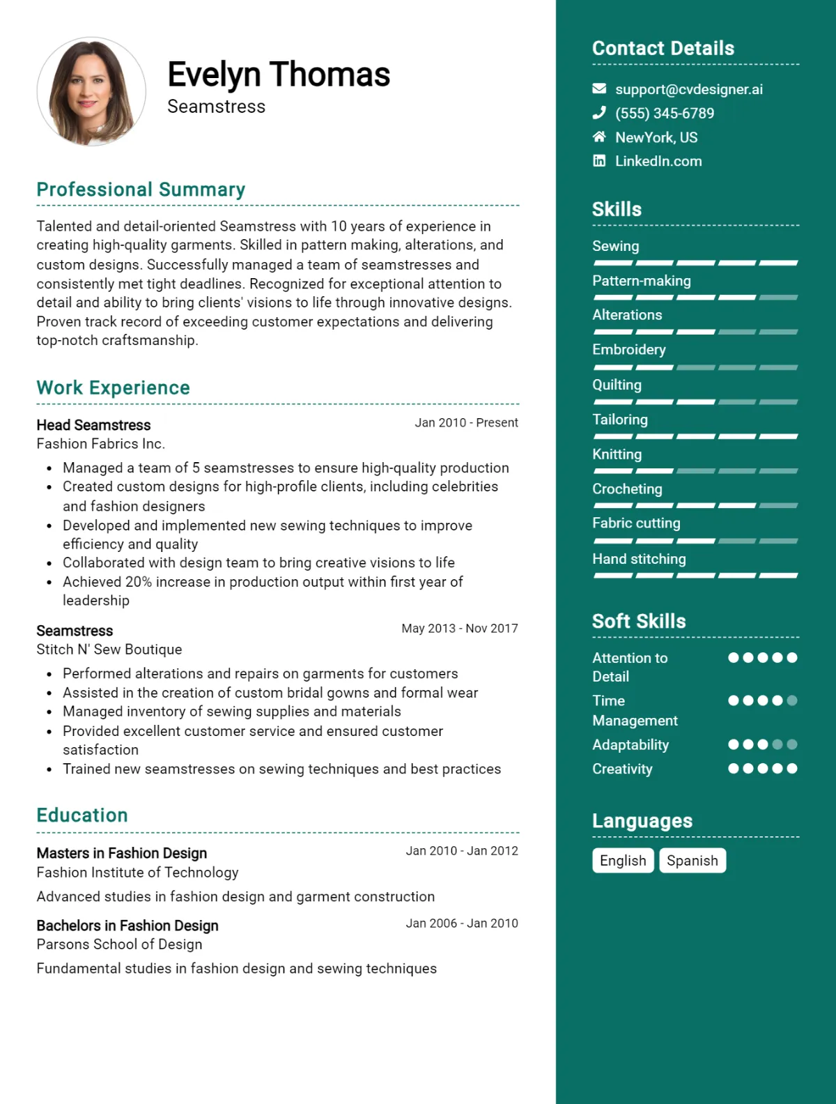 Seamstress CV Example