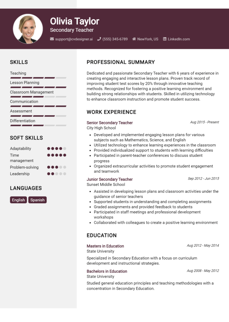 Secondary Teacher Resume Example for 2025: How to Create a Professional CV