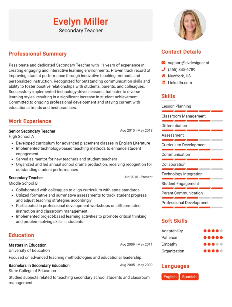 Secondary Teacher CV Example