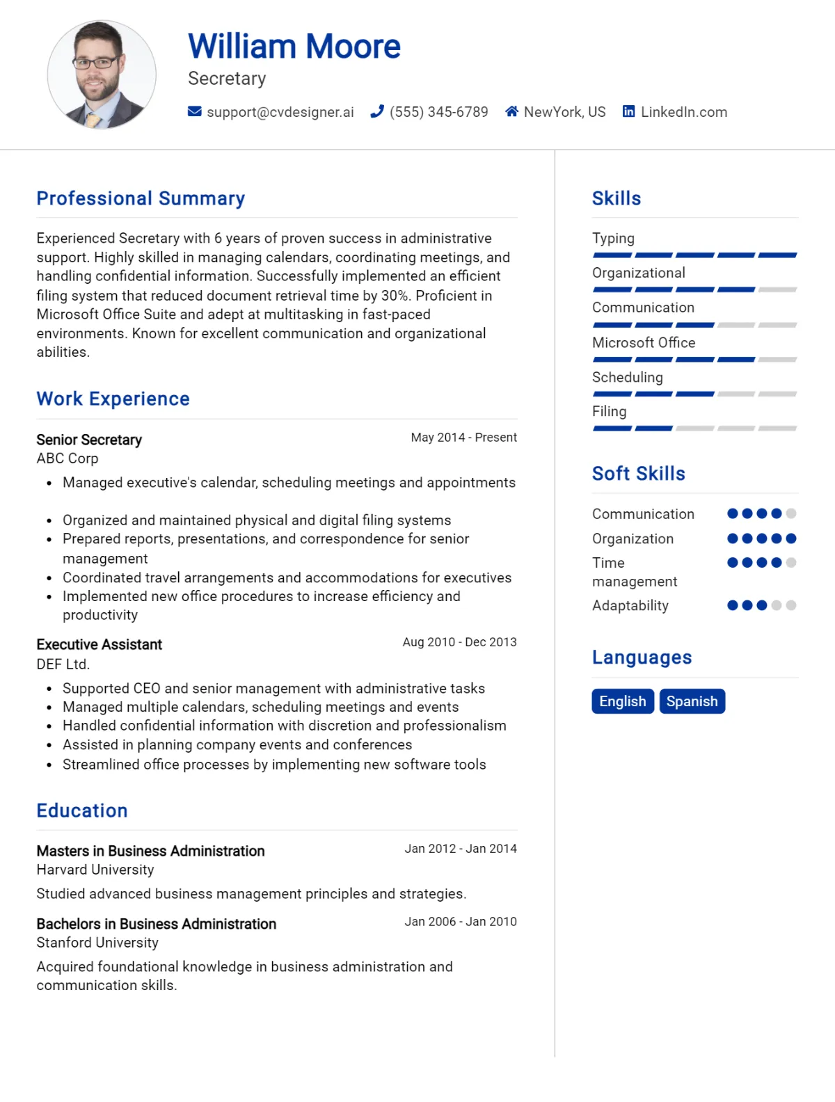 Secretary CV Example
