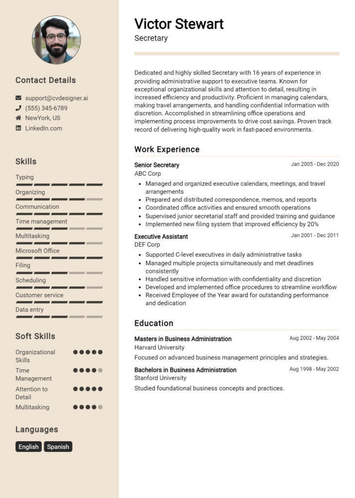 Secretary Resume Example for 2024: Tips & Templates - CVDesigner.ai