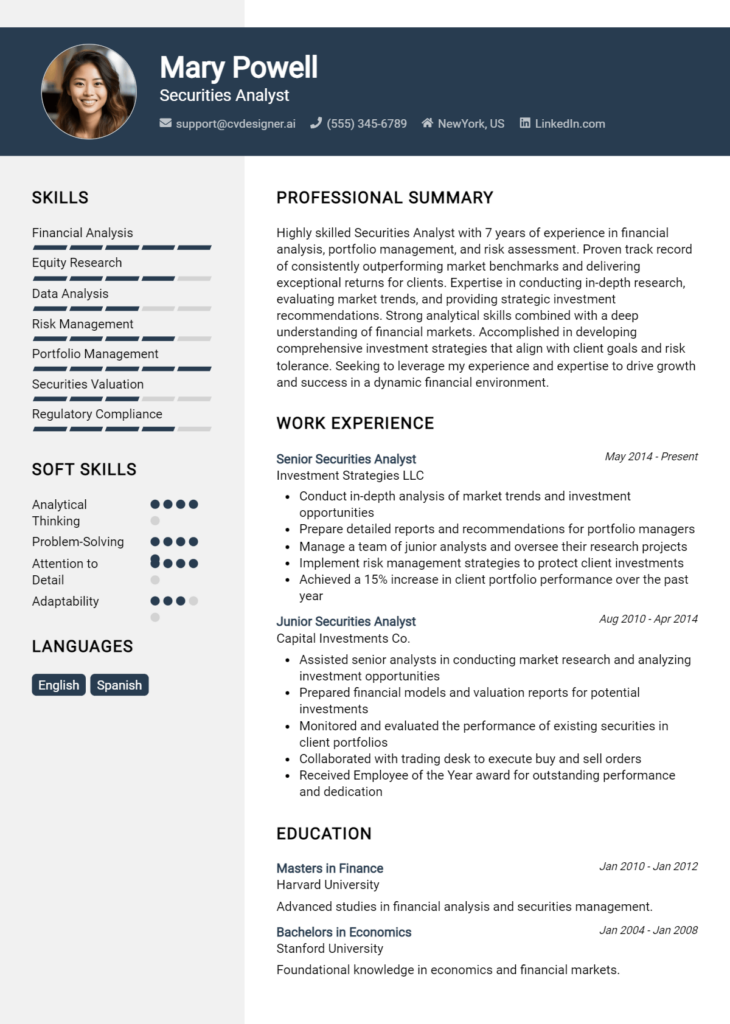Securities Analyst Resume Example