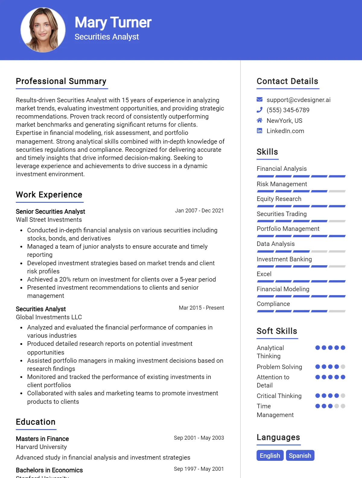 Securities Analyst CV Example
