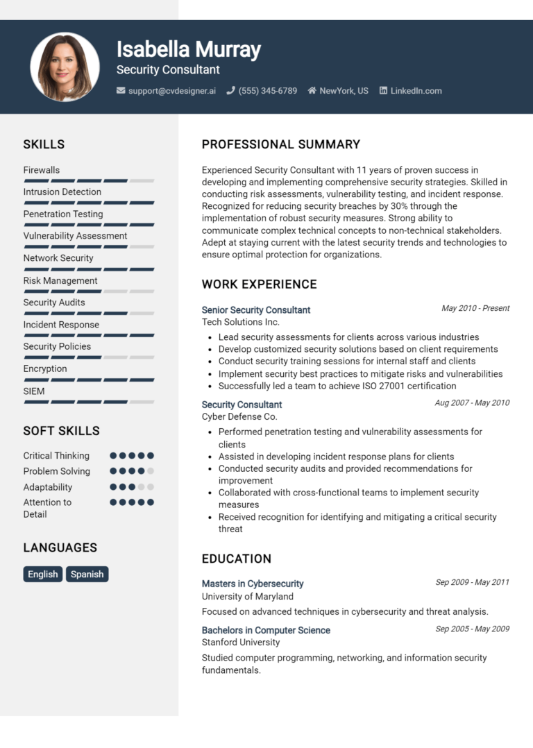 Security Consultant Resume Example for 2025: Best Writing Guide