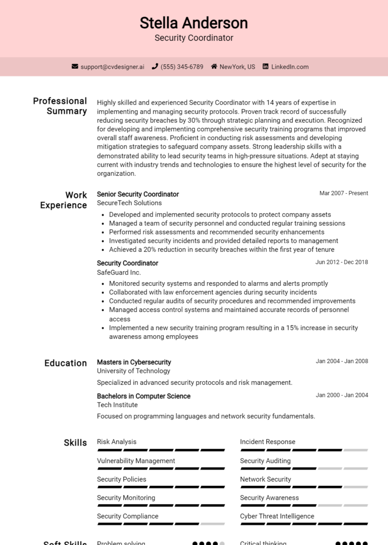 Security Coordinator Resume Example for 2025: Top CV Skills