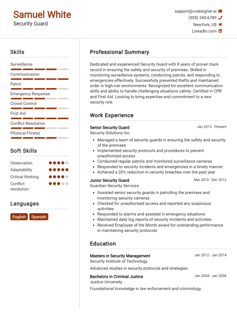 Security Guard Resume Example for 2025: Best Writing Guide
