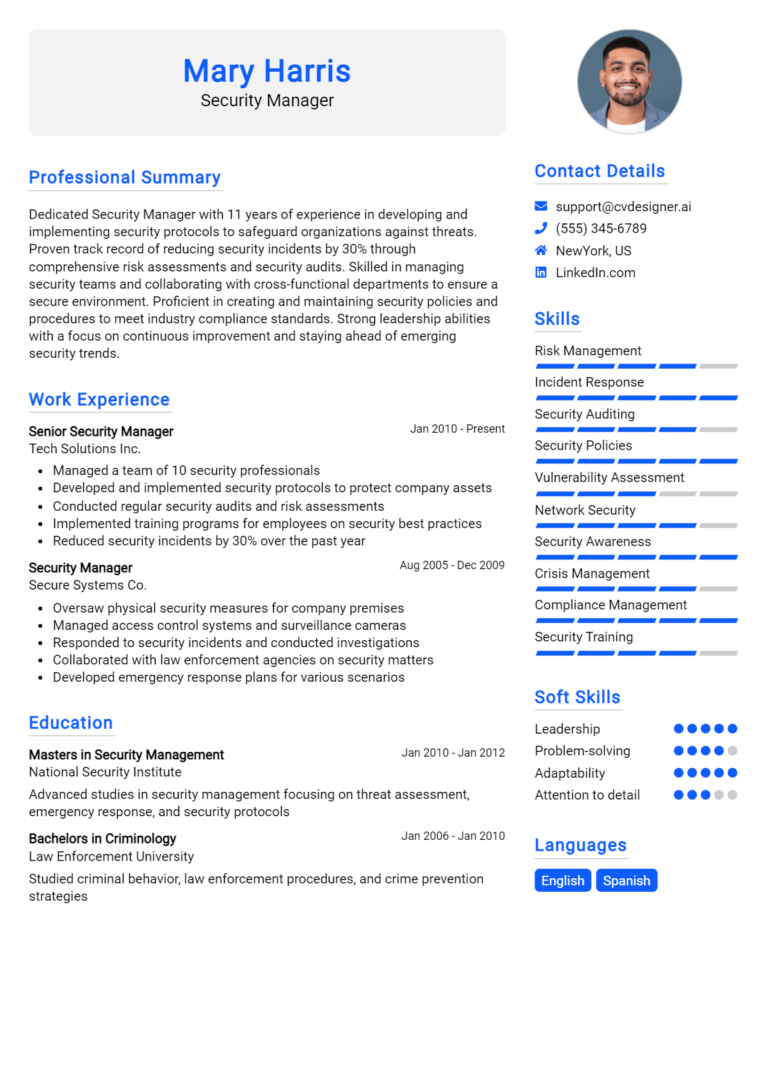 Security Manager Resume Example for 2025: Effective Tips