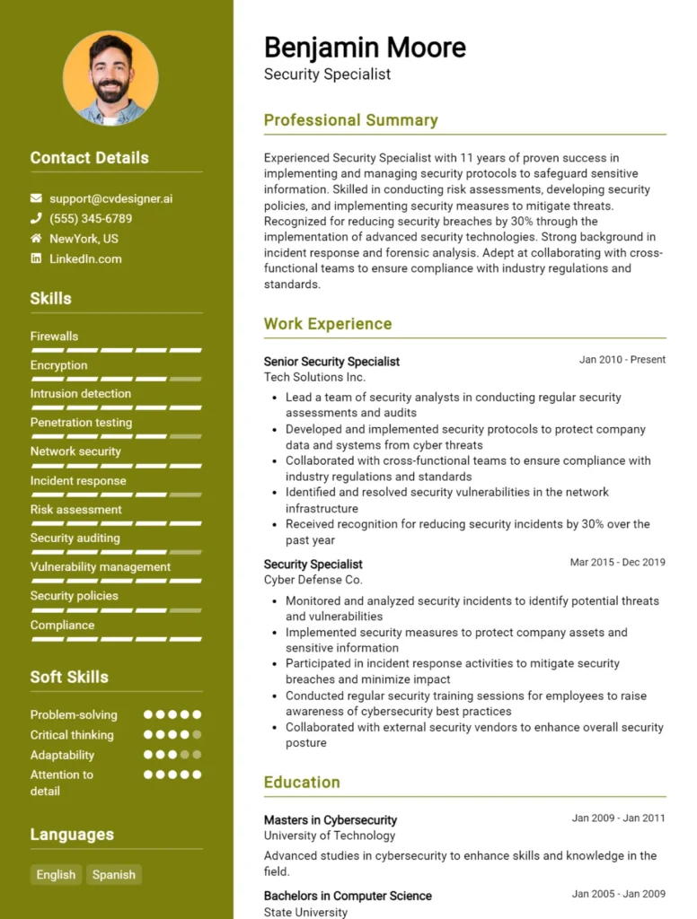 Security Specialist CV Example