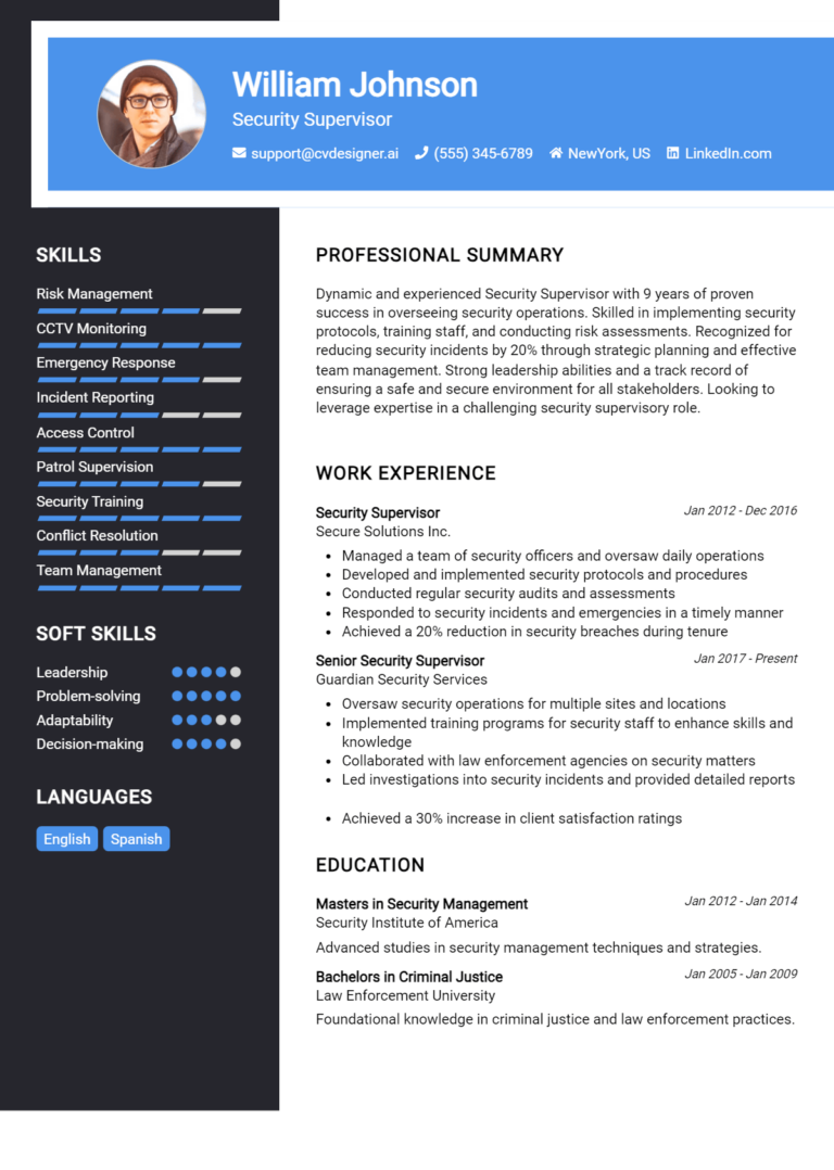 Security Supervisor Resume Example for 2025: Downloadable Templates