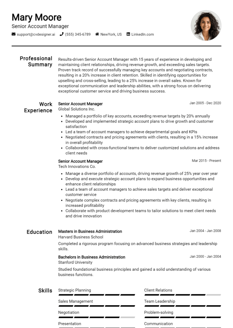 Senior Account Manager Resume Example for 2025: Strategies & Templates