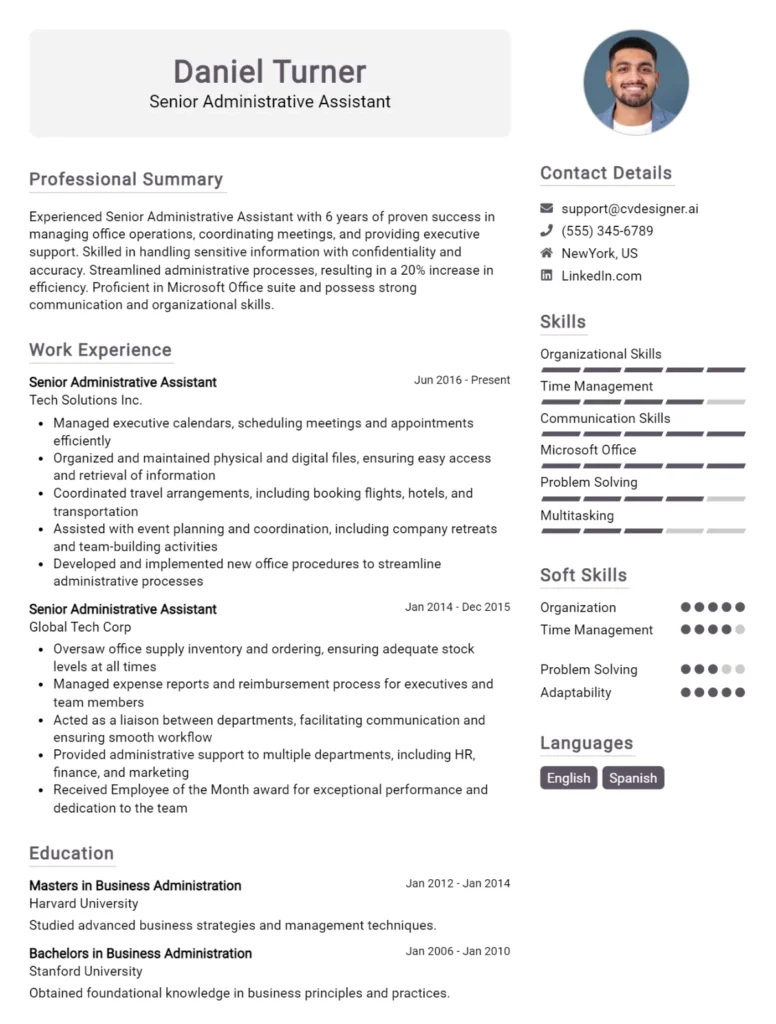 Senior Administrative Assistant CV Example