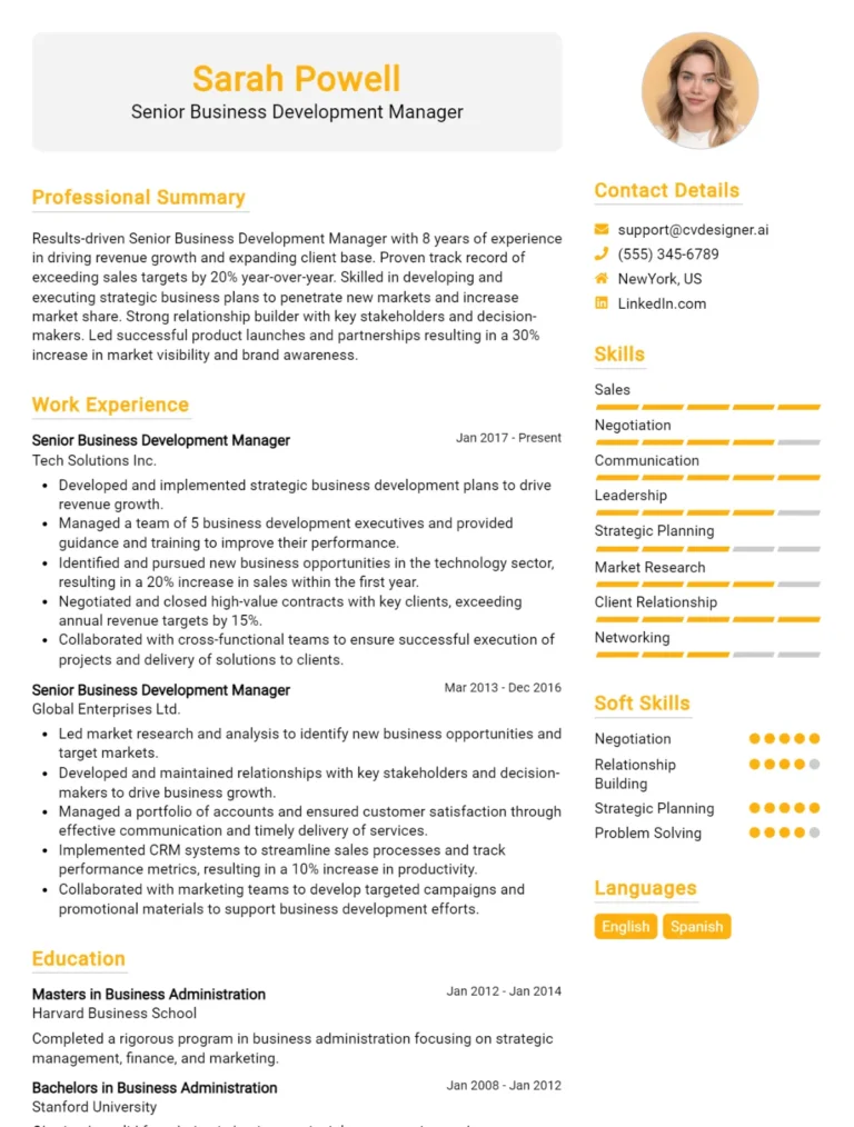 10 Senior Business Development Manager CV Examples And Templates For 2025