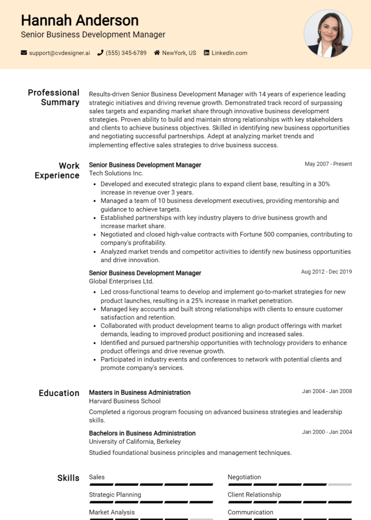 Senior Business Development Manager Resume Example