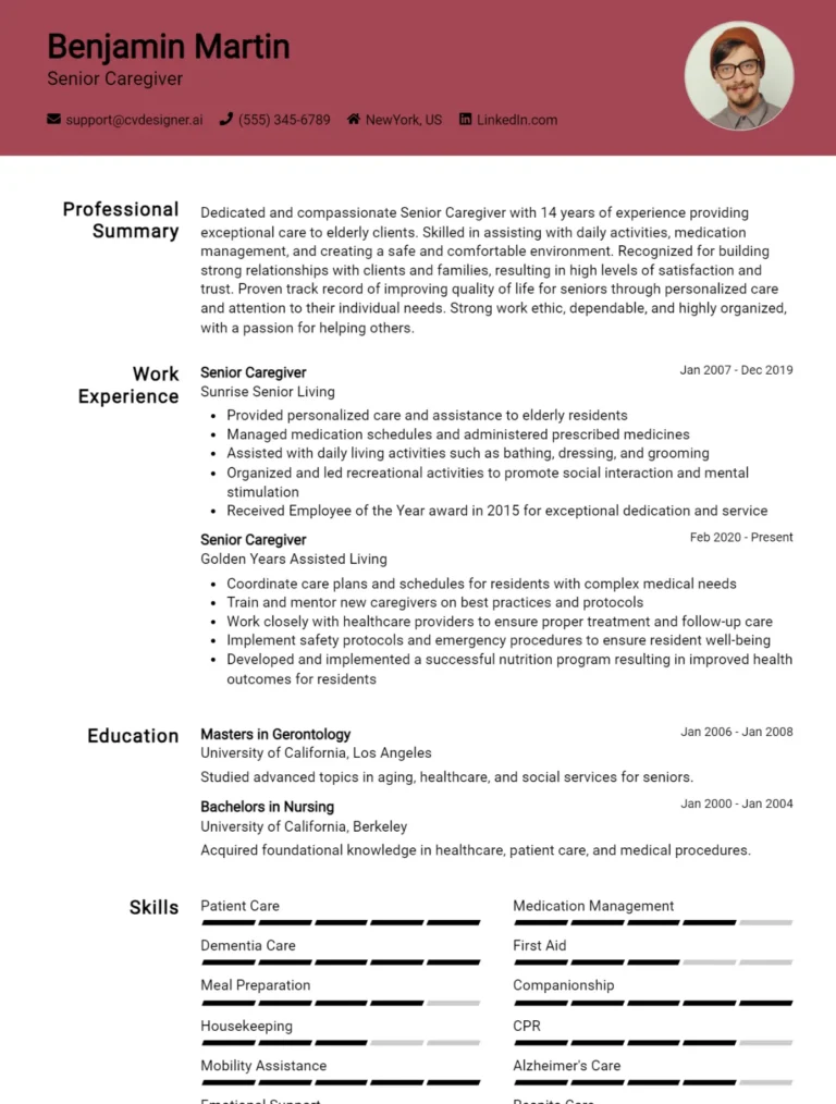 Senior Caregiver CV Example For 2025: Professional CV Templates