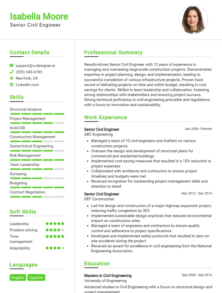 Senior Civil Engineer CV Example