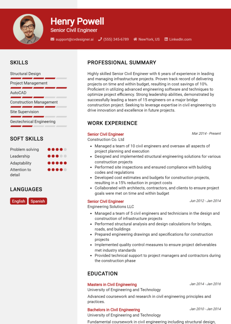 Senior Civil Engineer Resume Example for 2025: Best Formatting Tips