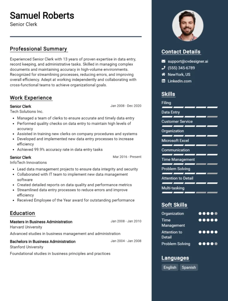 25 Senior Clerk CV Examples And Free Templates For 2025