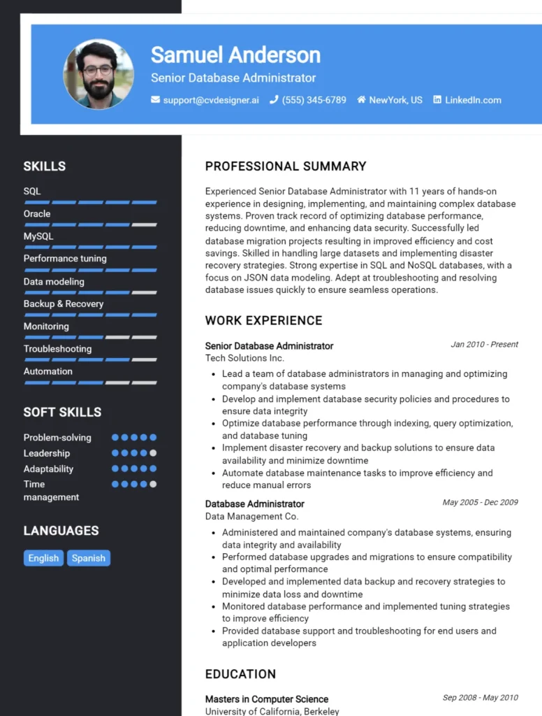 Senior Database Administrator CV Example